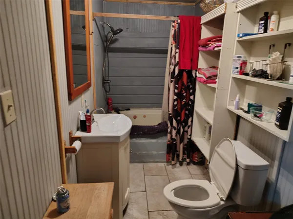 a bathroom with a sink a toilet and shower curtain