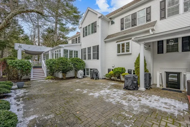 a view of a house with potted plants and a large tree