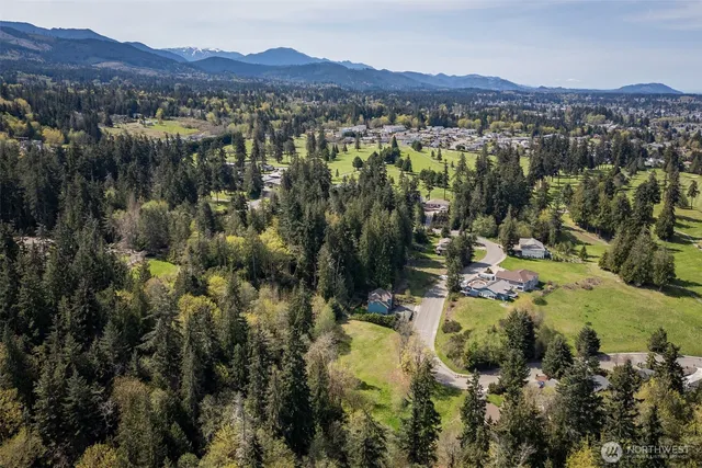 a view of a town with mountains in the background
