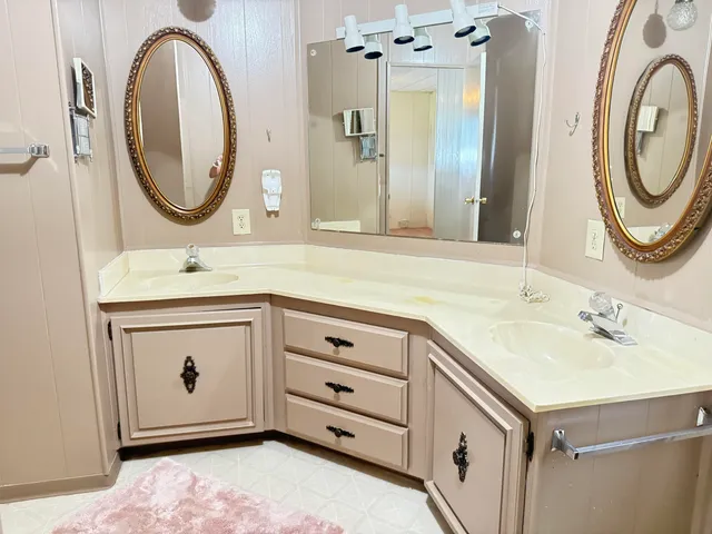 a bathroom with a sink and a mirror