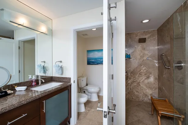 a bathroom with a sink a toilet and shower