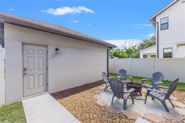 a backyard of a house with table and chairs