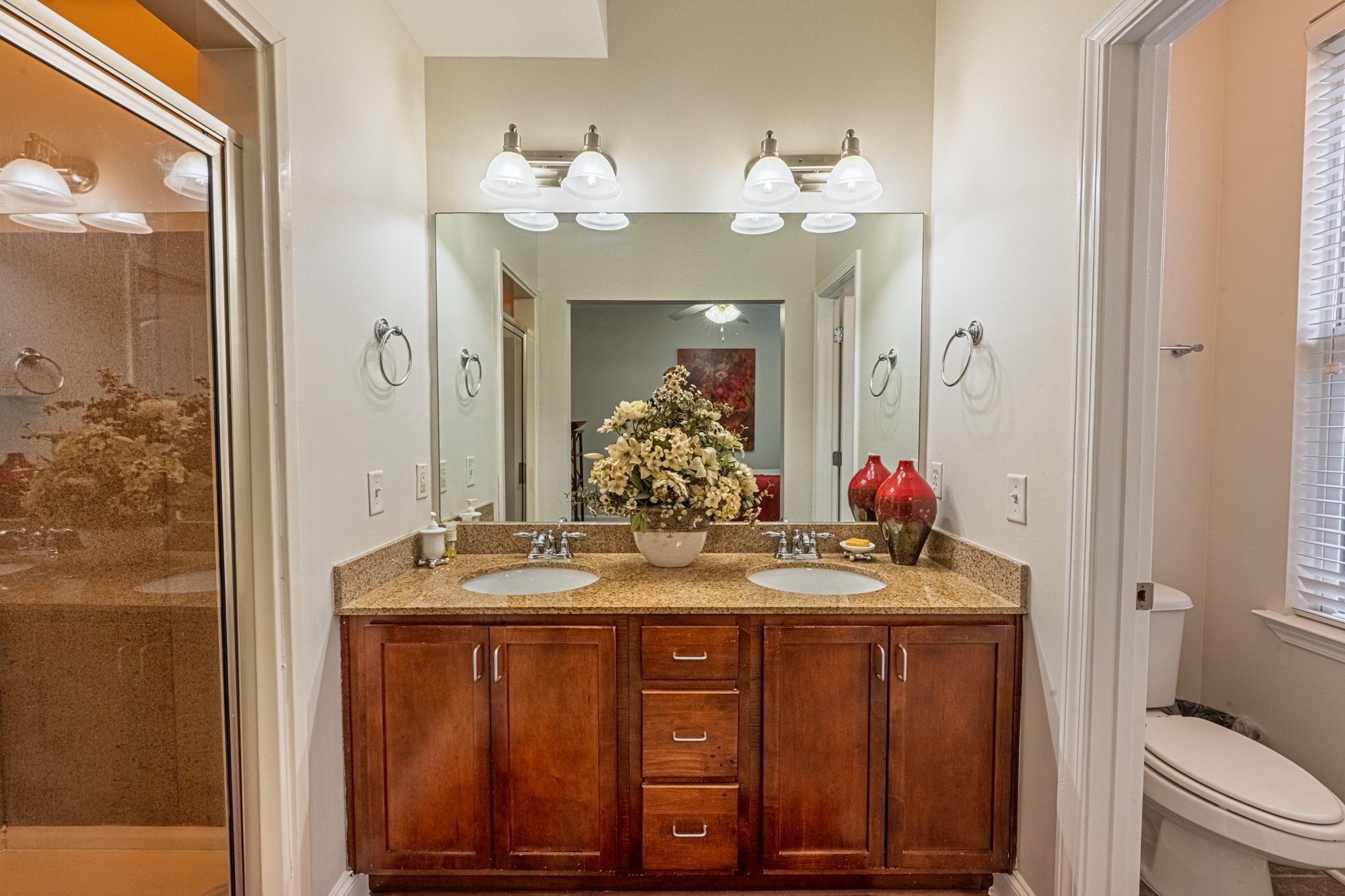 75 Shoemaker Court, Unit 105 Memphis, TN 38103 - Photo 12 of 25 a bathroom with a granite countertop sink a toilet and a mirror