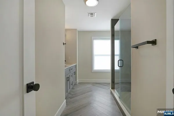 a view of a bathroom with a shower