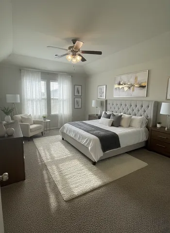 a spacious bedroom with a bed couch chandelier windows and a ceiling fan
