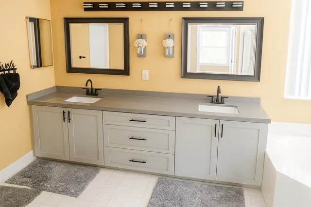 a bathroom with a bathtub and a shower