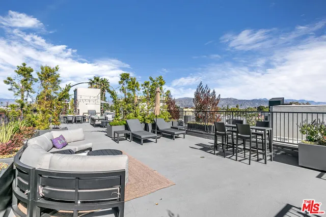a roof deck with table and chairs and potted plants