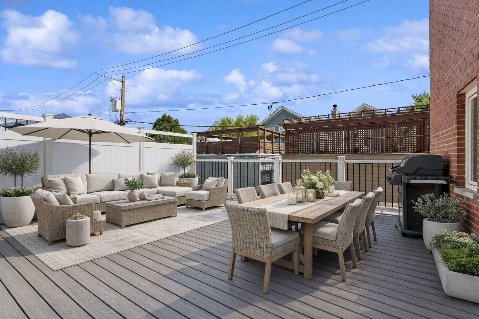 1251 West Fletcher Street, Unit E Chicago, IL 60657 - Photo 18 of 20 a view of a roof deck with table and chairs couches and wooden floor