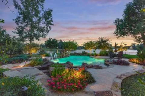 a view of a garden with plants and large trees
