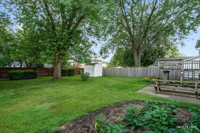 a view of a backyard with table and chairs and a large tree