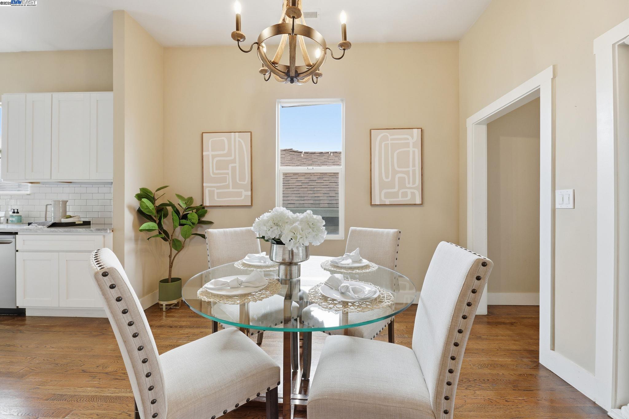 2417 Linden Street Oakland, CA 94607 - Photo 20 of 41 a view of a dining room with furniture wooden floor and chandelier