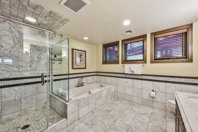a bathroom with a bathtub and a shower