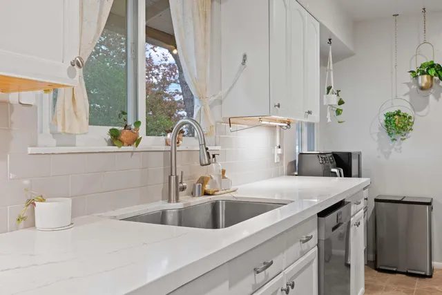 a kitchen with a sink a counter top space and cabinets