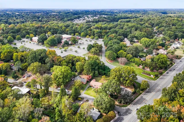 a view of a city with lush green forest