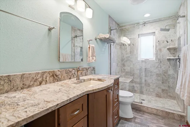 a bathroom with a granite countertop sink a toilet and shower