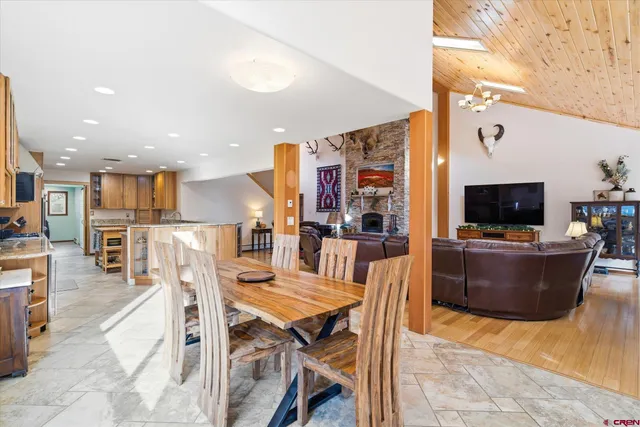 a view of a dining room with furniture