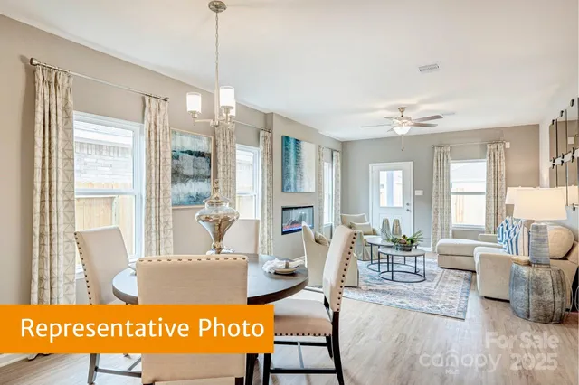 a view of a dining room with furniture window and wooden floor