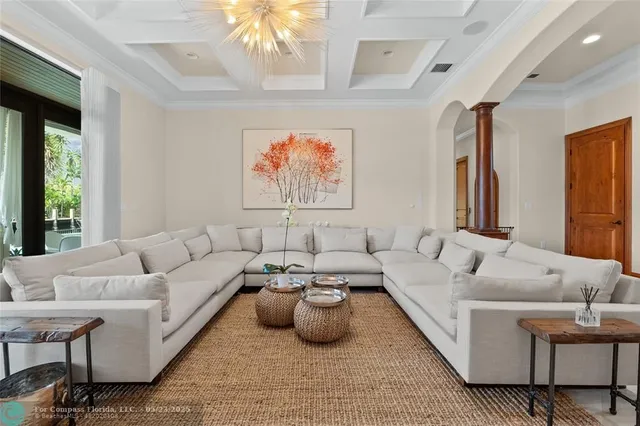 a living room with furniture and a floor to ceiling window