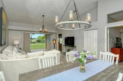 a living room with furniture flowerpot and a chandelier