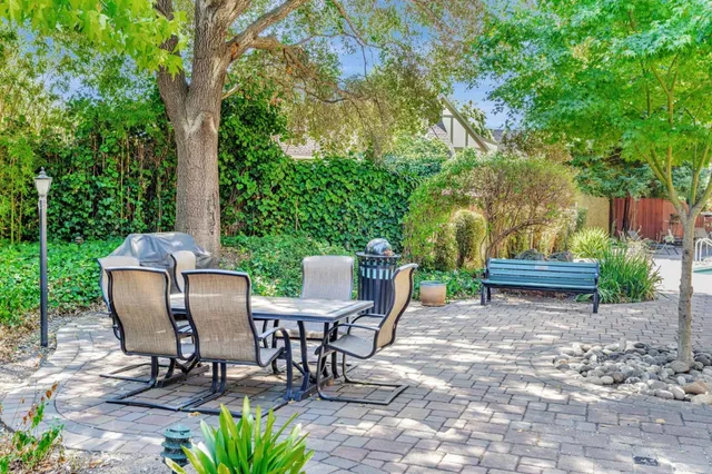 a view of a chairs and table in the backyard