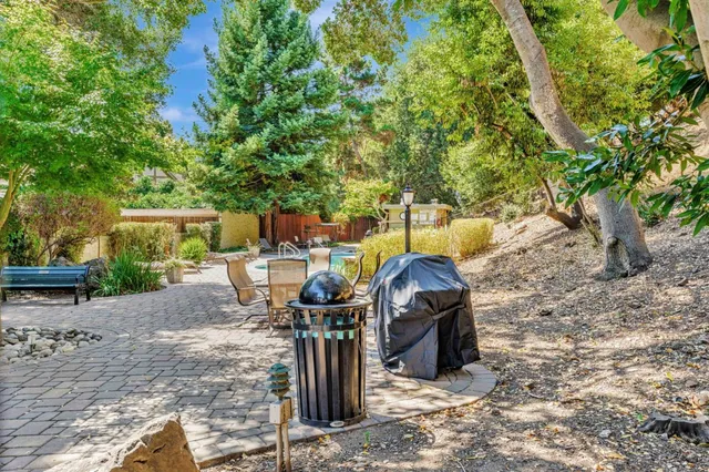 a view of a chairs and table in the backyard