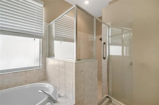a bathroom with a bathtub and a shower