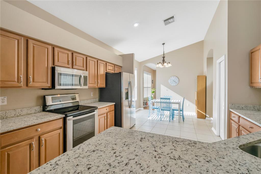 17115 Falconridge Road Lithia, FL 33547 - Photo 3 of 33 a kitchen with stainless steel appliances granite countertop a stove a refrigerator a sink a dining table and chairs with wooden floor
