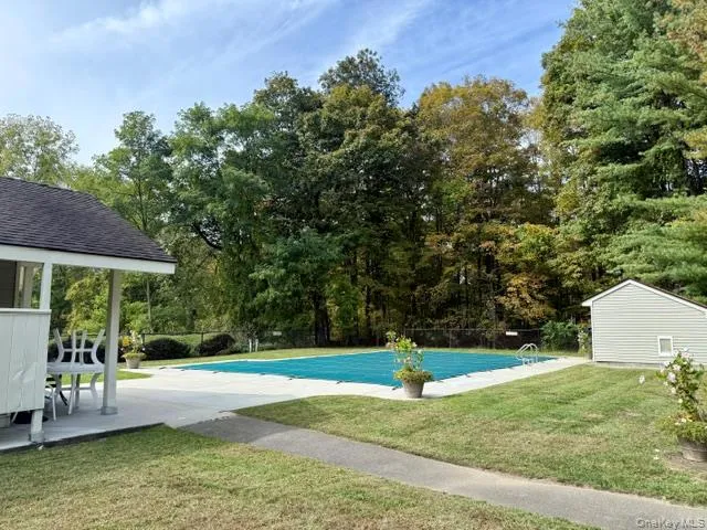 a view of a garden with a slide