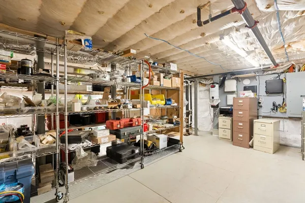 a view of a storage room with racks
