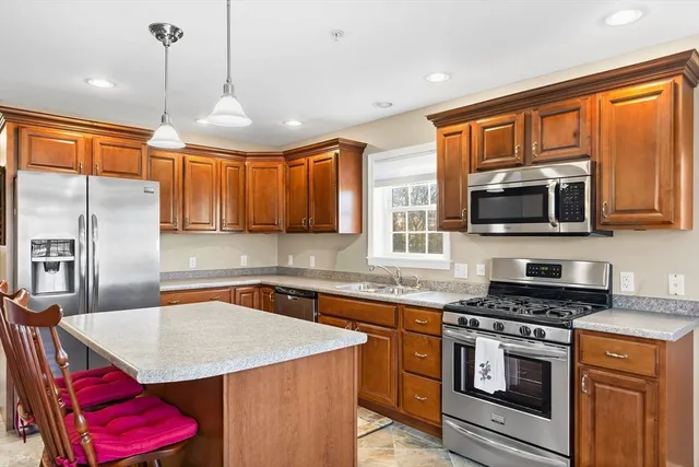 a kitchen with stainless steel appliances granite countertop a stove a sink dishwasher a refrigerator and a microwave