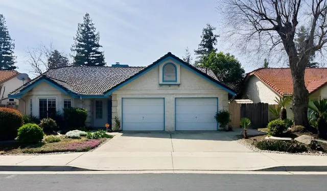 a view of a house with a yard plants and a large tree
