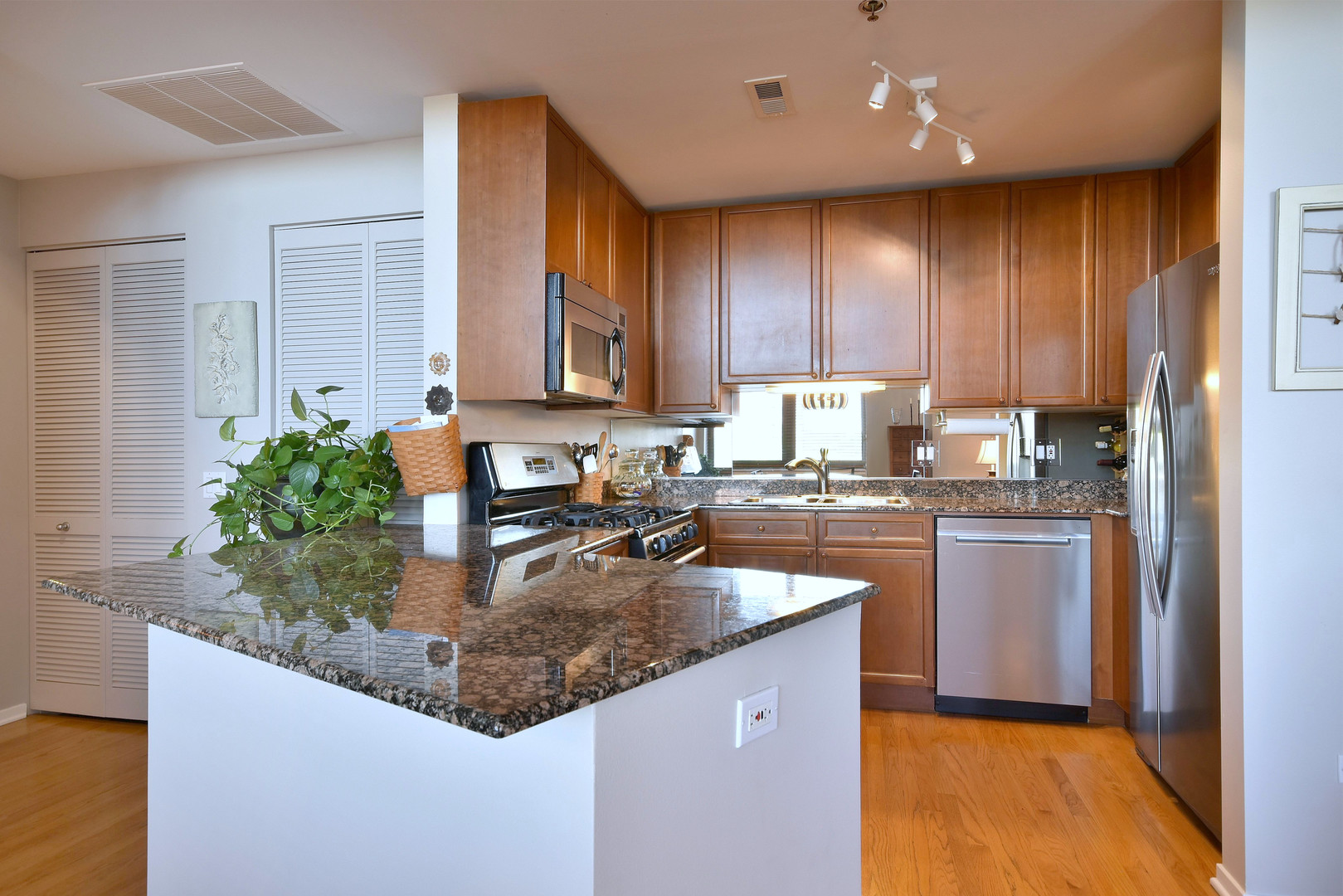 1201 West Adams Street, Unit 411 Chicago, IL 60607 - Photo 10 of 40 a kitchen with kitchen island granite countertop a sink a counter top space and cabinets