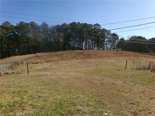 a view of a dry yard with trees in the background