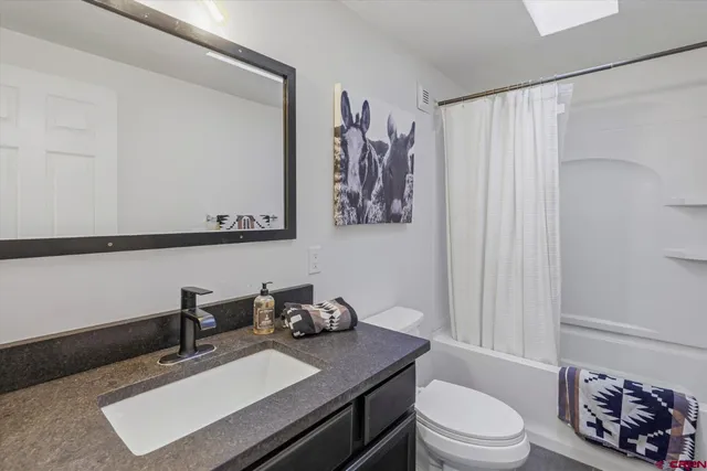 a bathroom with a sink a toilet and shower curtain