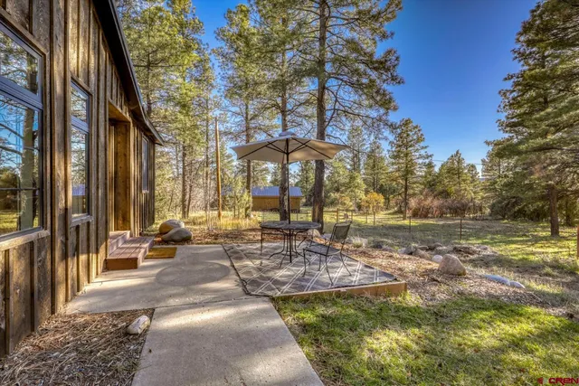 a view of a backyard with table and chairs and a large tree