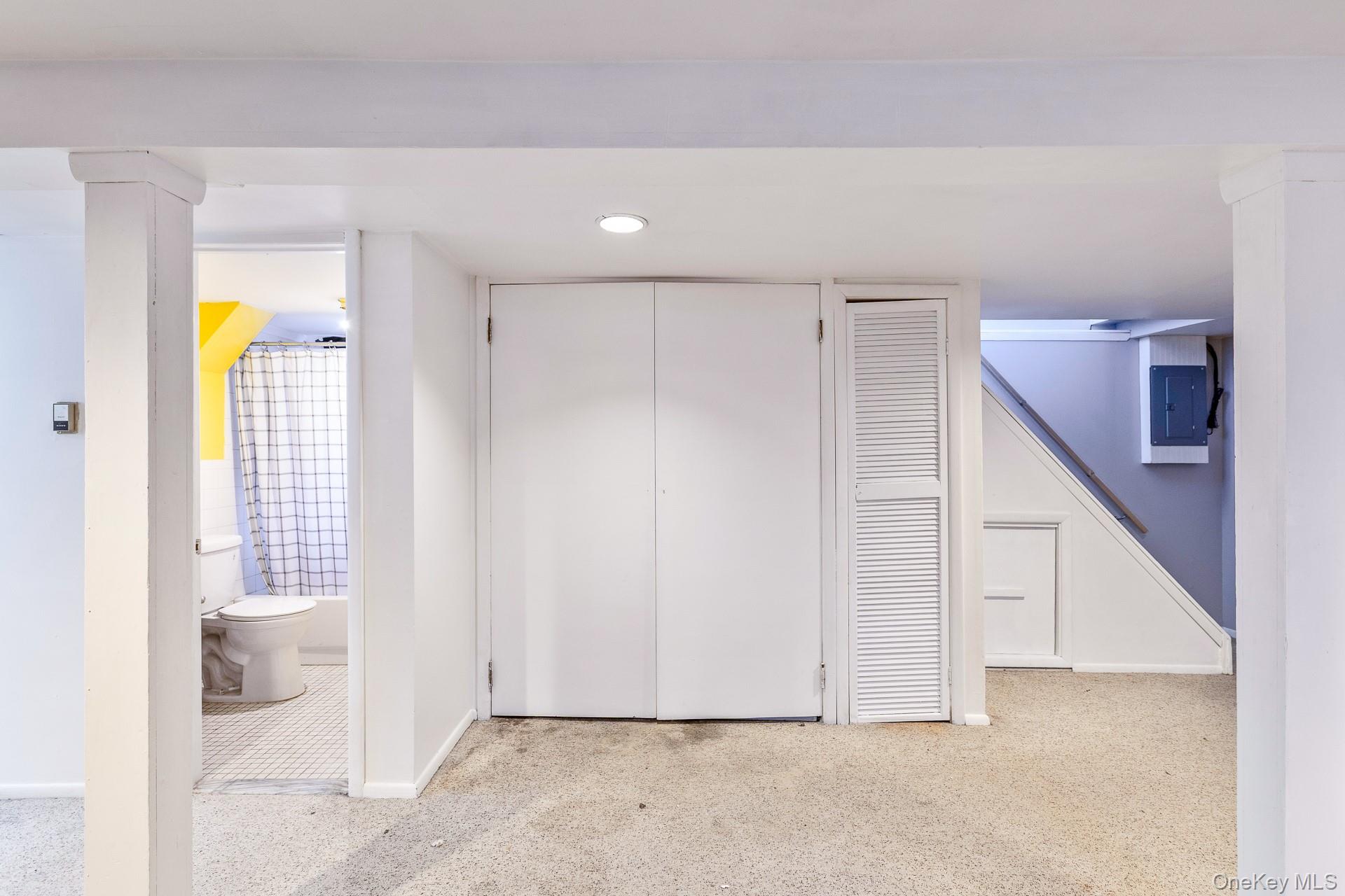 12 Applegate Drive Mastic, NY 11950 - Photo 22 of 29 Below grade area with light colored carpet, electric panel, and recessed lighting