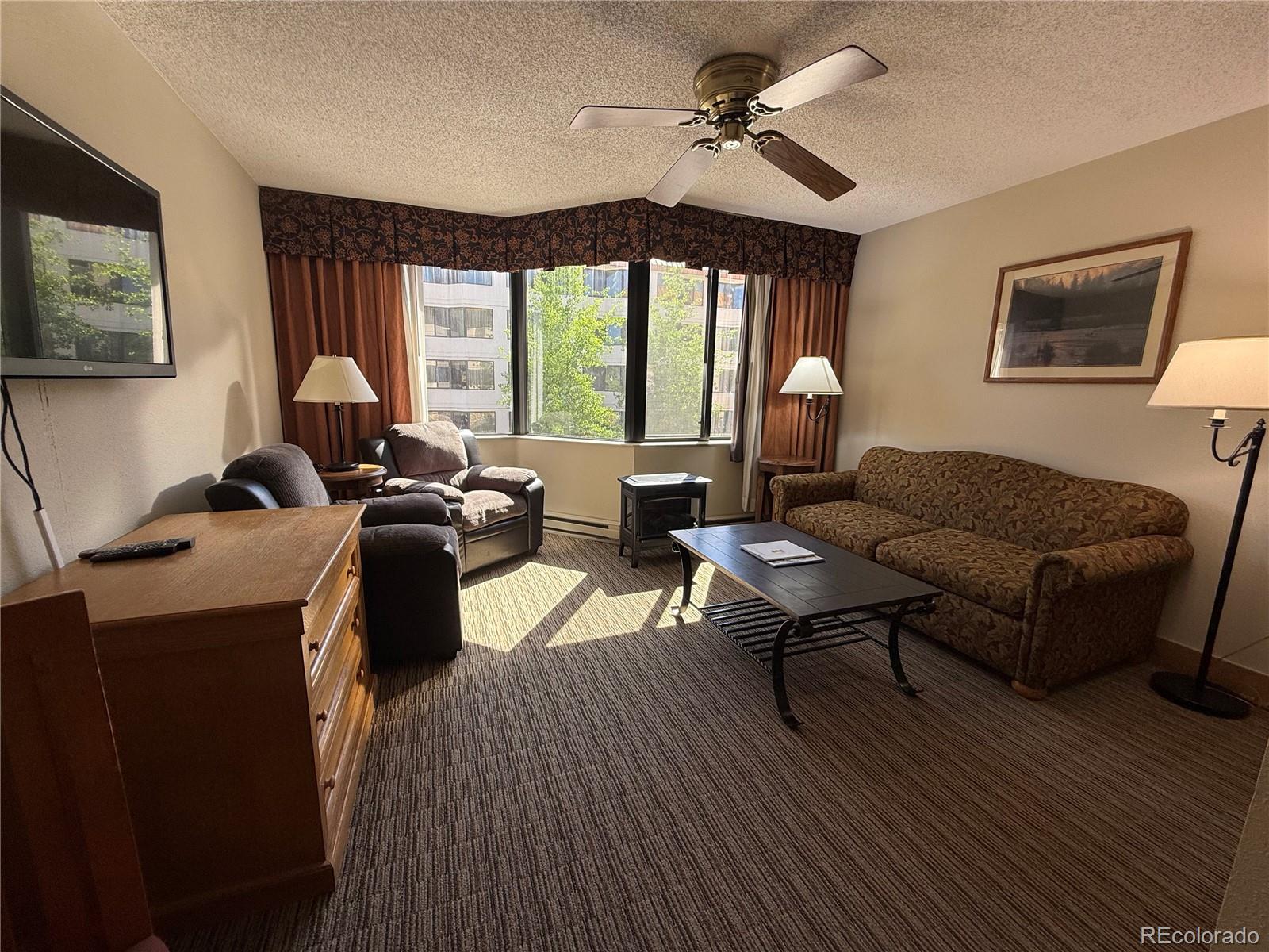 6 Emmons Road, Unit 379/381 Crested Butte, CO 81225 - Photo 12 of 34 a living room with furniture a window and a flat screen tv