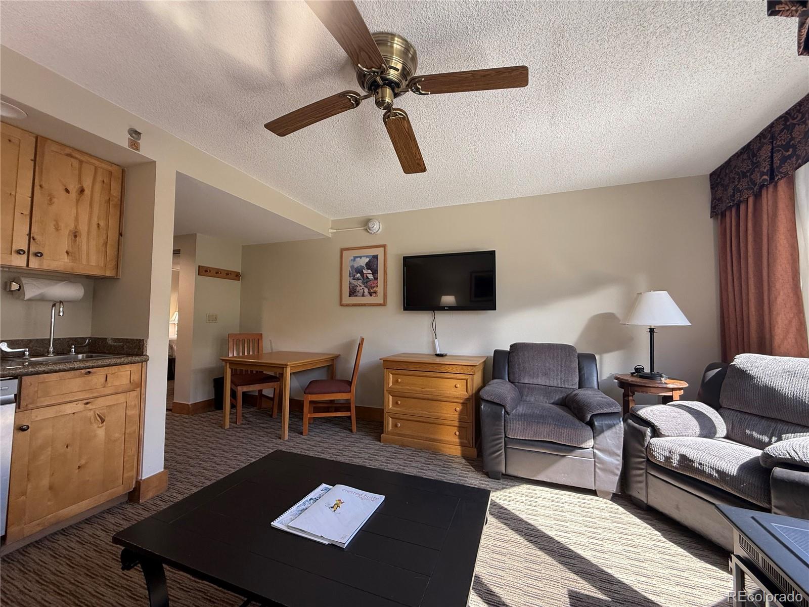 6 Emmons Road, Unit 379/381 Crested Butte, CO 81225 - Photo 15 of 34 a living room with furniture a rug and a flat screen tv
