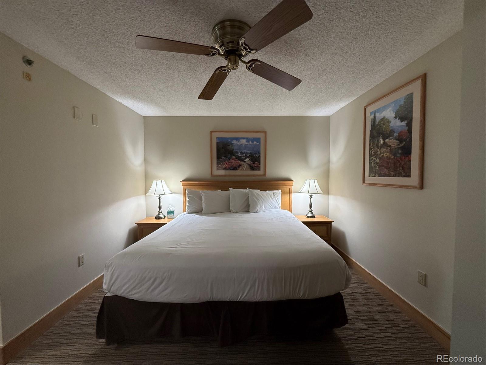 6 Emmons Road, Unit 379/381 Crested Butte, CO 81225 - Photo 3 of 34 a bedroom with a bed painting on the wall and a ceiling fan