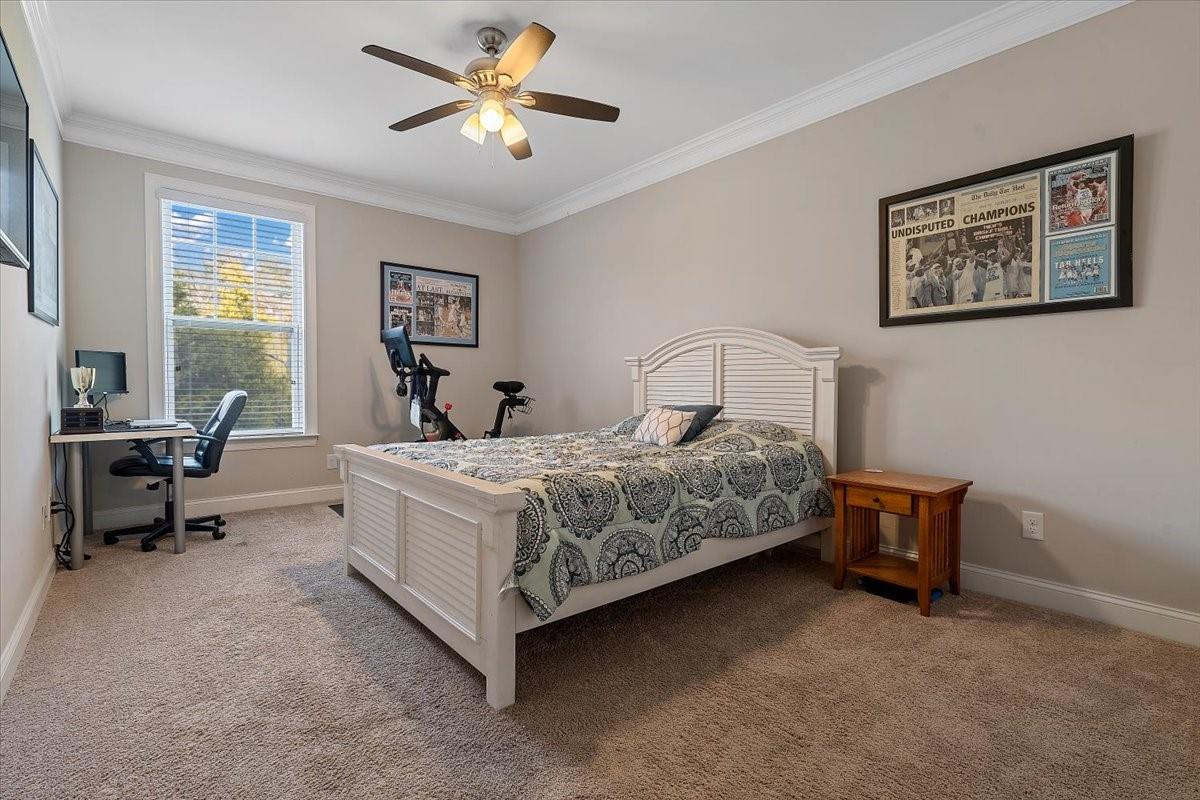 7399 Albemarle Drive Denver, NC 28037 - Photo 6 of 48 a bedroom with a bed and a chandelier