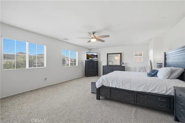 a bed room with a bed and a ceiling fan