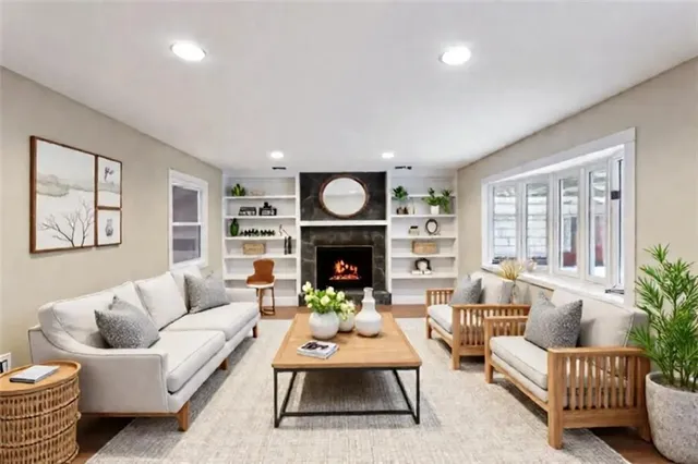 a view of a living room with furniture