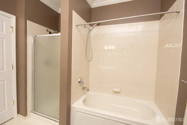 a bathroom with a shower and a bath tub