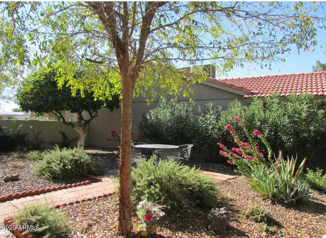 a view of a garden with a flower garden