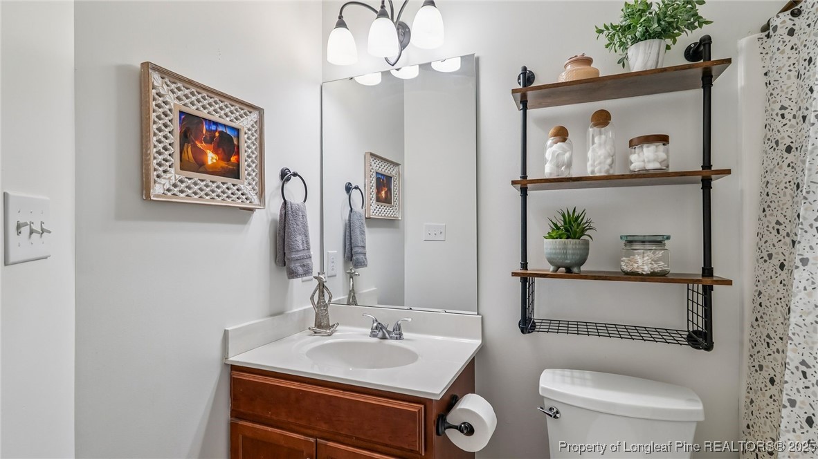 230 Michael Drive Raeford, NC 28376 - Photo 17 of 43 a bathroom with a toilet a sink and mirror
