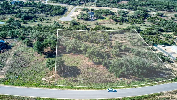an aerial view of residential houses with outdoor space and trees