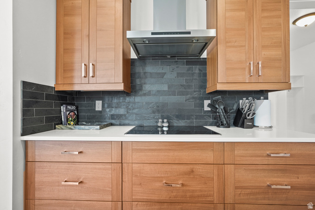 15008 South Springtime Road Draper, UT 84020 - Photo 12 of 37 Kitchen with decorative backsplash, black electric stovetop, and light stone countertops