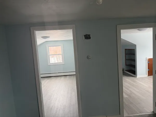 a view of a hallway with wooden floor and a cabinet