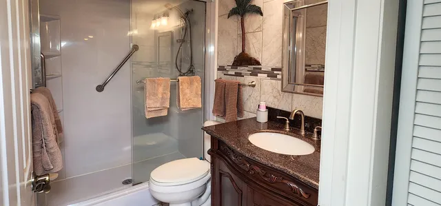a bathroom with a granite countertop sink toilet and a mirror