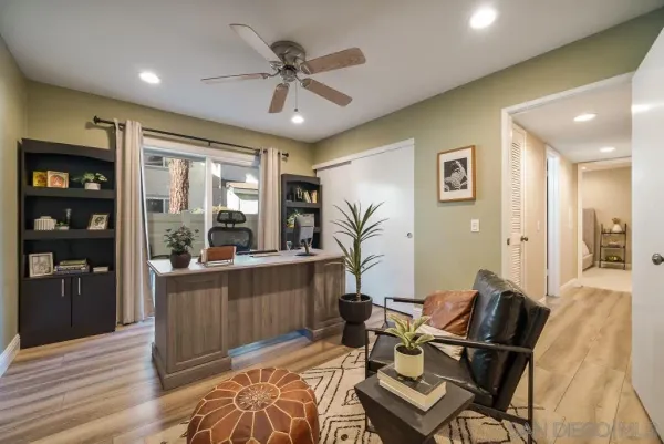 a view of a dining room with furniture